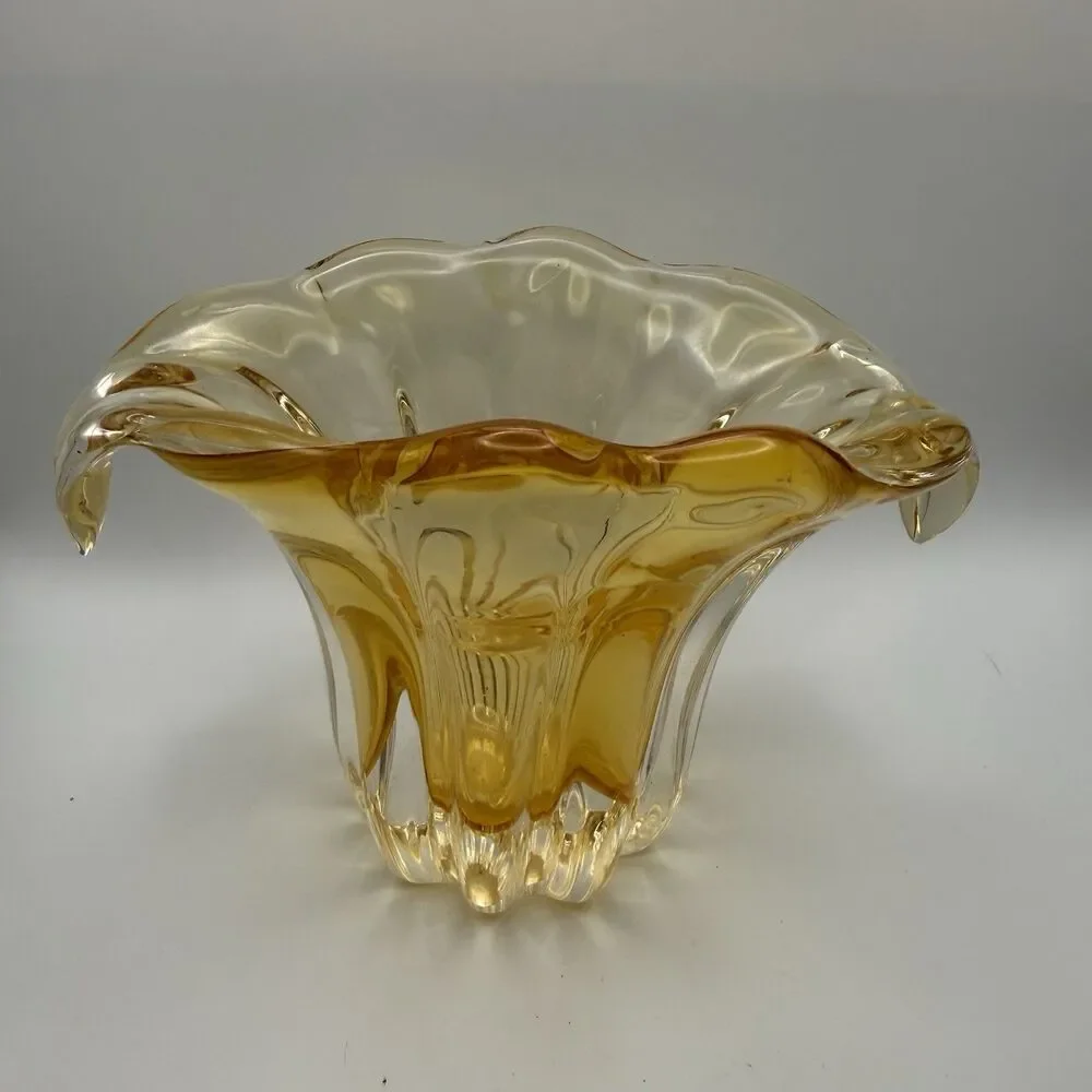 Vintage Teleflora Champagne Gold Art Glass Vase Waterfall Tulip Hand Blown
